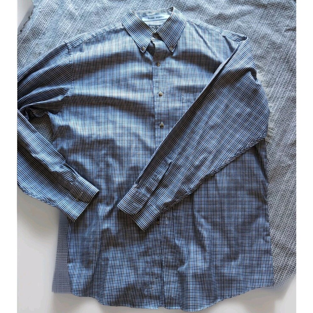 Jos. A. Bank Traveler's Dress Shirt Mens L Blue Brown Check Button Down Collar